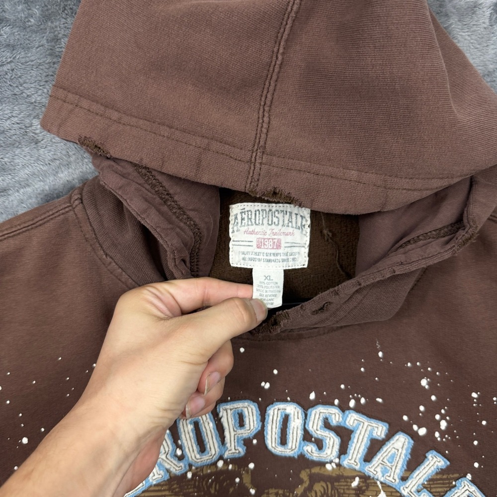 Aeropostale Hoodie Mens XL Brown Fair Distressed Paint Splatter Graphic Pullover - Picture 3 of 7